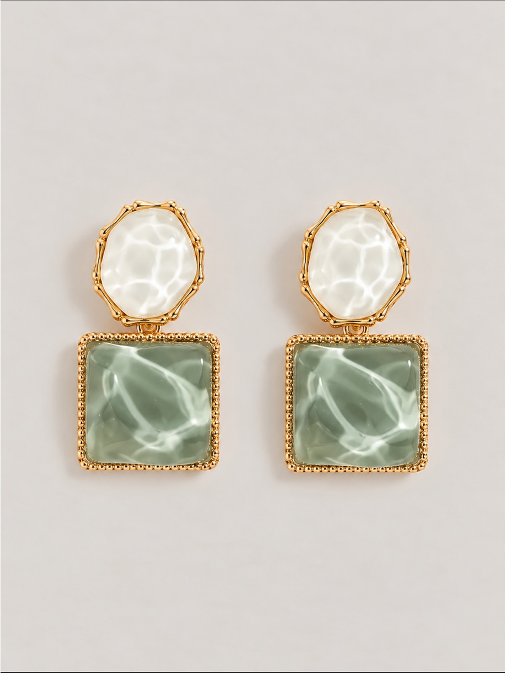 Sage Green & Ivory Geometric Statement Drop Earrings Gold Tone Dangle NWOT